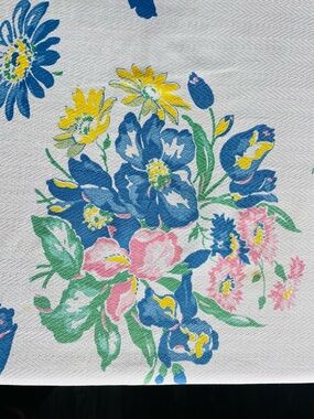 Vintage MCM Tablecloth Pink Blue Yellow Iris Tulip Woven Cotton Cottage 48x55